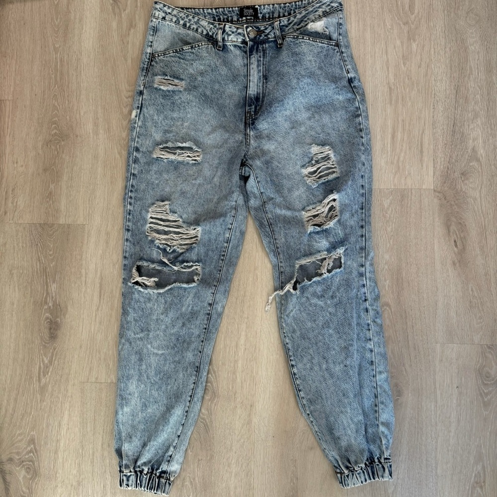 simple society light blue denim acid distress ripped high waisted joggers jeans